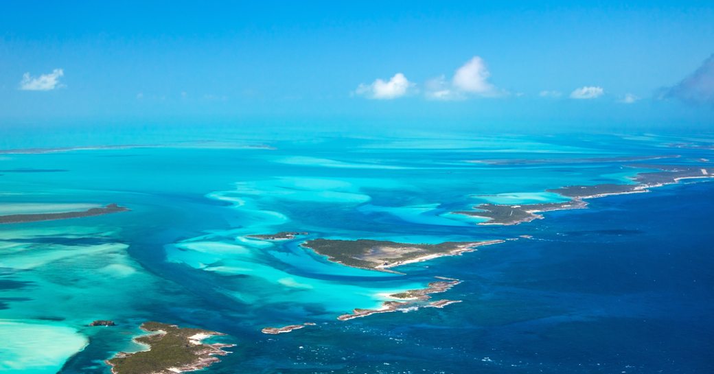 aerial image of the bahamas and exumas, lots of islands and clear blue sea
